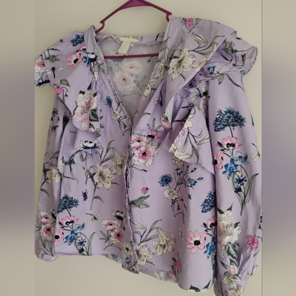 H&M Purple Lilac Pink Floral Bird Botanical Ruffle Balloon Sleeve Top SIZE 14 XL - Picture 3 of 13